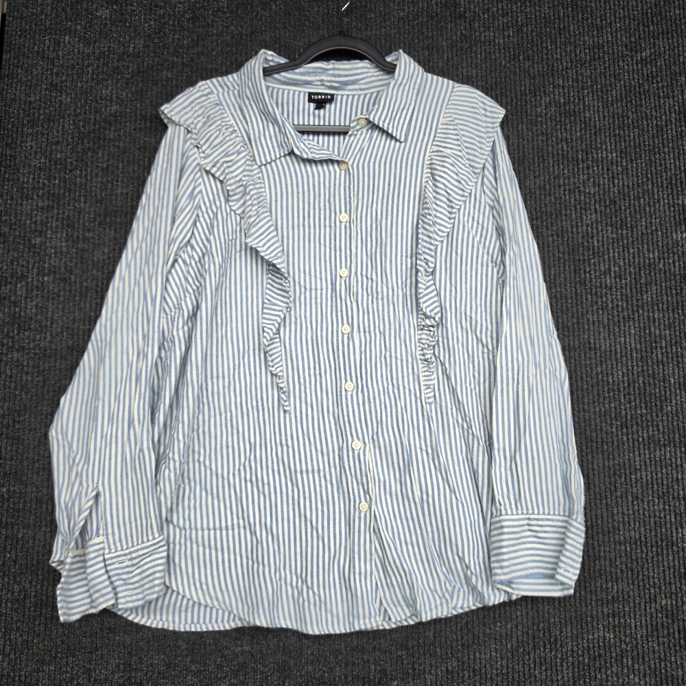 Torrid Womens Plus Size 3 Blue White Striped Ruffle Front Back Button Down Shirt